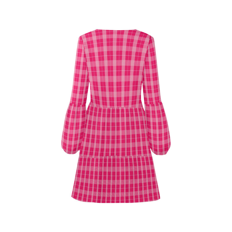 pink plaid print 2B V-Neck Loose Fit Dress (Model D62)