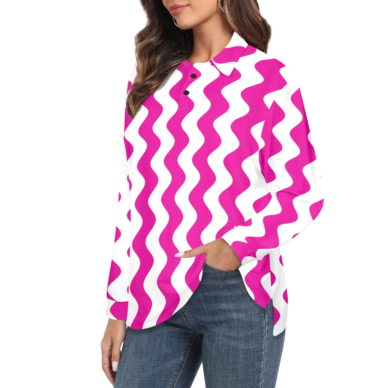 fuchsia wavy print Women's Long Sleeve Polo Shirt (Model T73)