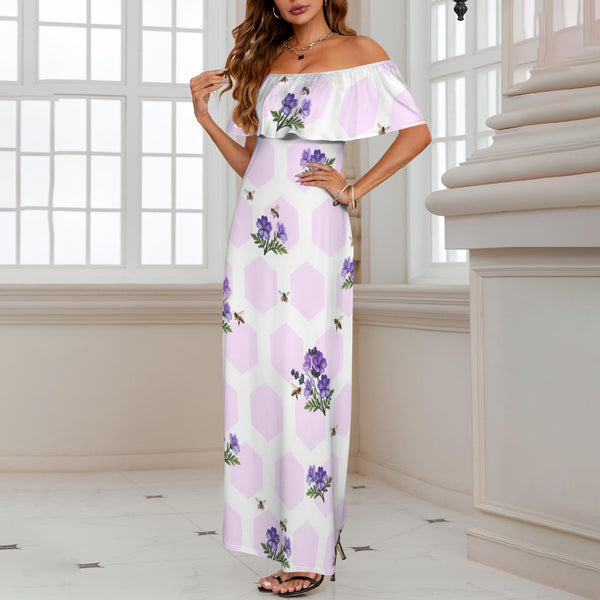 apiary print hex small Women's Off Shoulder Ruffle Boat Neck Dress (Model D71)