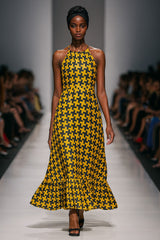 Houndstooth Ruffle Hem Halter Neck Maxi Dress