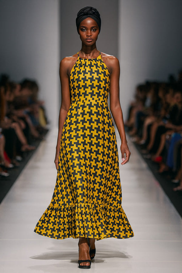 Houndstooth Ruffle Hem Halter Neck Maxi Dress