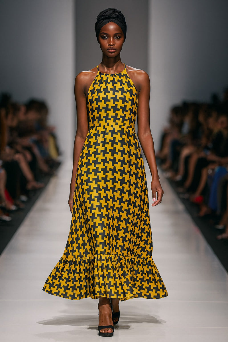 Houndstooth Ruffle Hem Halter Neck Maxi Dress