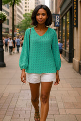 biscay polka dot Loose V-Neck Long Puff Sleeve Top