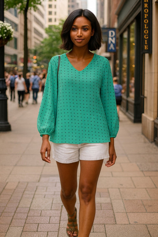 biscay polka dot Loose V-Neck Long Puff Sleeve Top