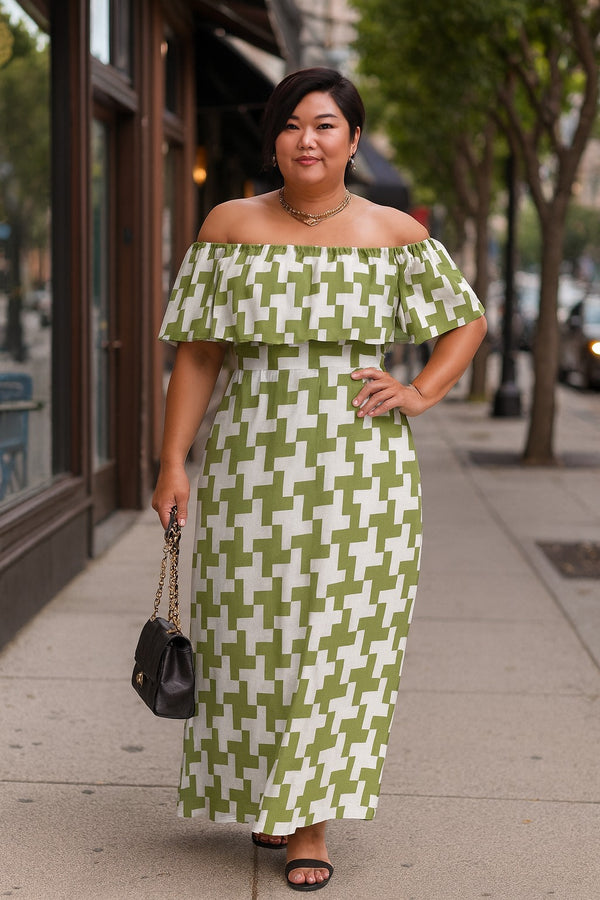 Houndstooth Women's Off Shoulder Ruffle Boat Neck Dress