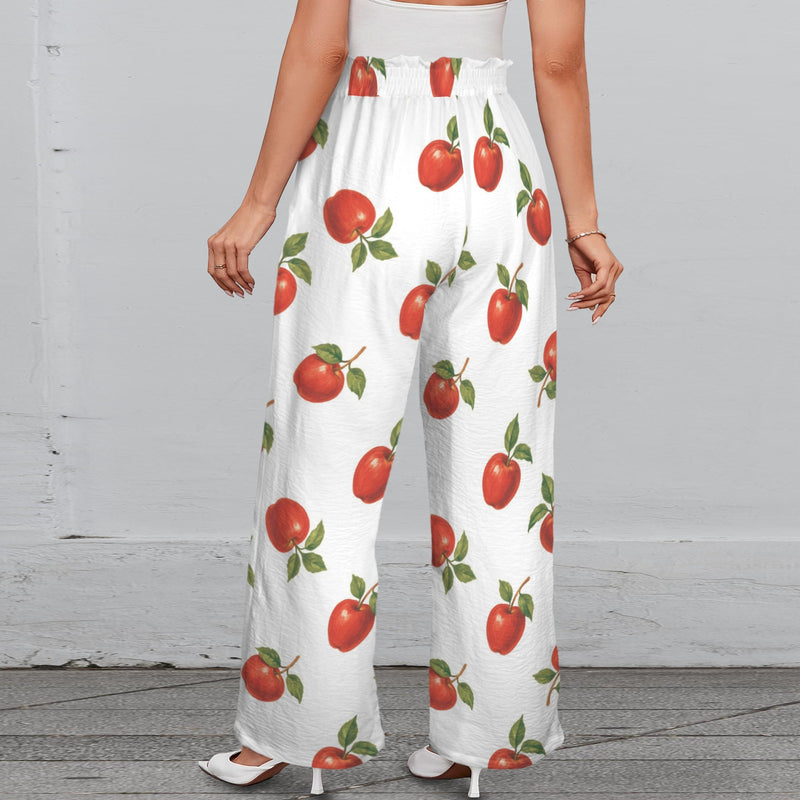 apple solid print Strappy Elastic Waist Wide Leg Pants with Pockets