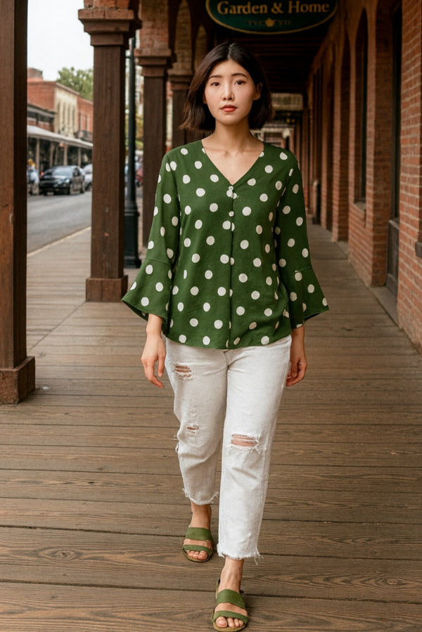 Polka Dot V-Neck Petal Sleeve Blouse