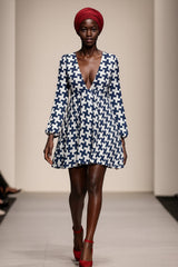 Houndstooth Lantern Sleeve Deep V-Neck Short Dress