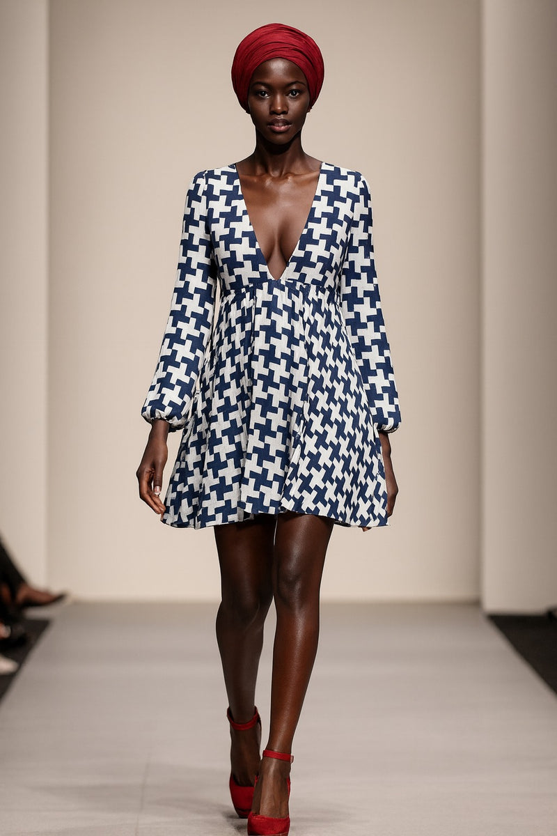 Houndstooth Lantern Sleeve Deep V-Neck Short Dress