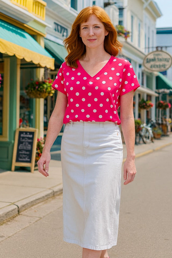 Polka Dot Batwing Sleeve V-Neck Top