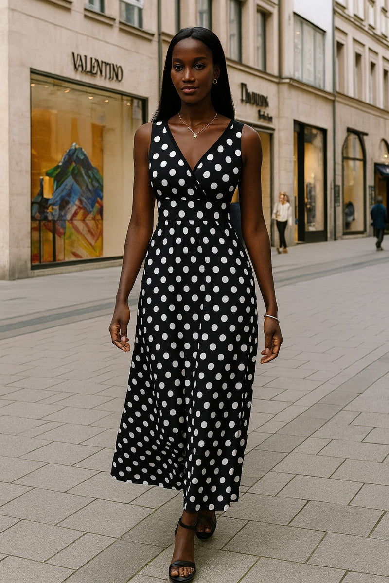 black polka dot sleeveless dress Black Polka Dot V Neck Sleeveless Mini Dress