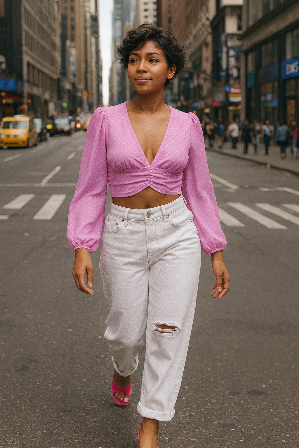 Polka Dot Women's Deep V-Neck Lantern Sleeve Crop Top | Objet D'Art