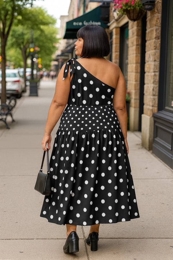 chocolate polka dot one shoulder ruffle detail pleated midi dress Chocolate Brown polka dot one shoulder ruffle detail