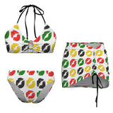 kiss of jam print Drawstring Halterneck Three-Piece Swimsuit Skirt