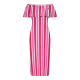 candy cane striped print Women's Off Shoulder Ruffle Boat Neck Dress (Model D71)