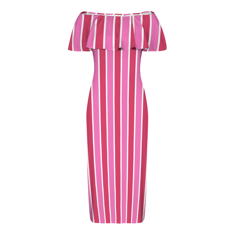 candy cane striped print Women's Off Shoulder Ruffle Boat Neck Dress (Model D71)