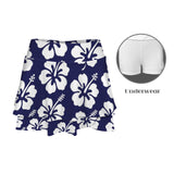 hibiscus print on delft blue High Waist Layered Ruffle Pockets Sports Skirt