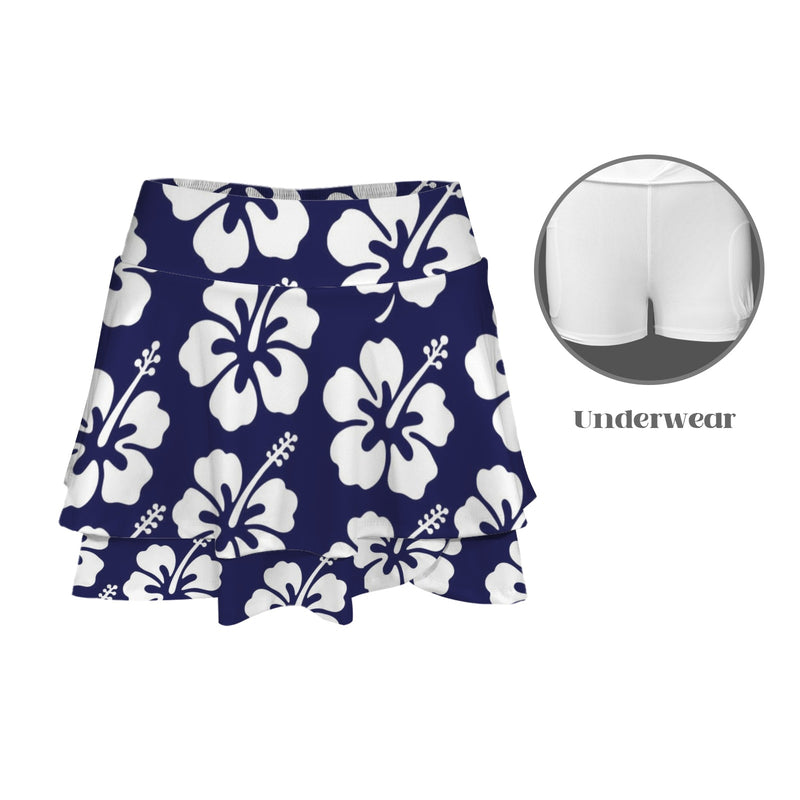 hibiscus print on delft blue High Waist Layered Ruffle Pockets Sports Skirt