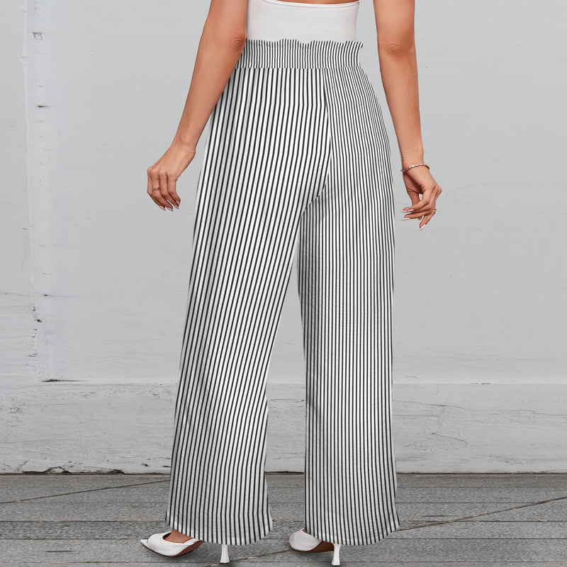 micro striped bw print Strappy Elastic Waist Wide Leg Pants with Pockets
