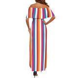 barcode color block striped print 2 Women's Off Shoulder Ruffle Boat Neck Dress (Model D71)