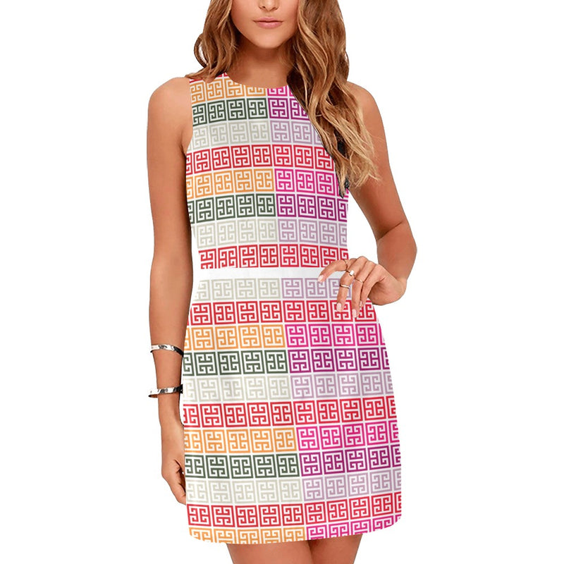 bi colored scheme greek key print Eos Women's Sleeveless Dress (Model D01)