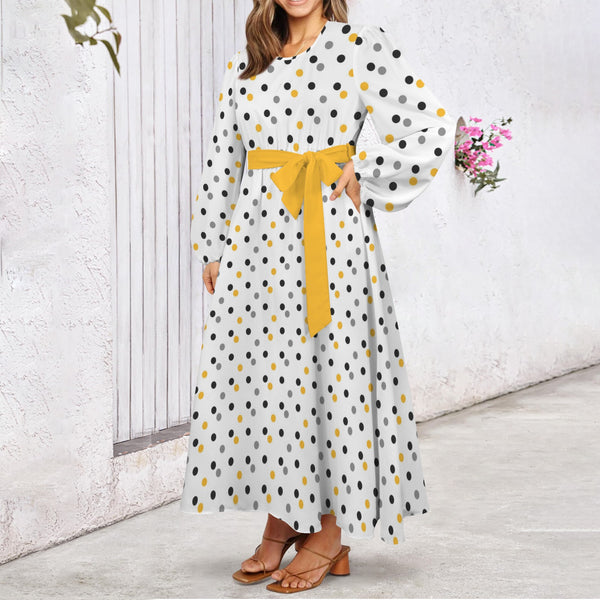 Polka Dot Round Neck Long Sleeve Belted Maxi Dress
