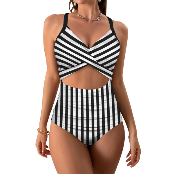 bw print Women's Twist Front Tie Back Swimsuit (Model S57)
