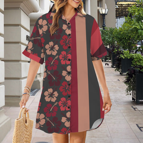 striped hibiscus print 3C Short Sleeve Button Front Shirt Dress