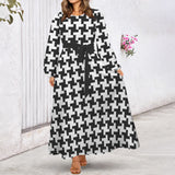 Houndstooth Round Neck Long Sleeve Belted Maxi Dress