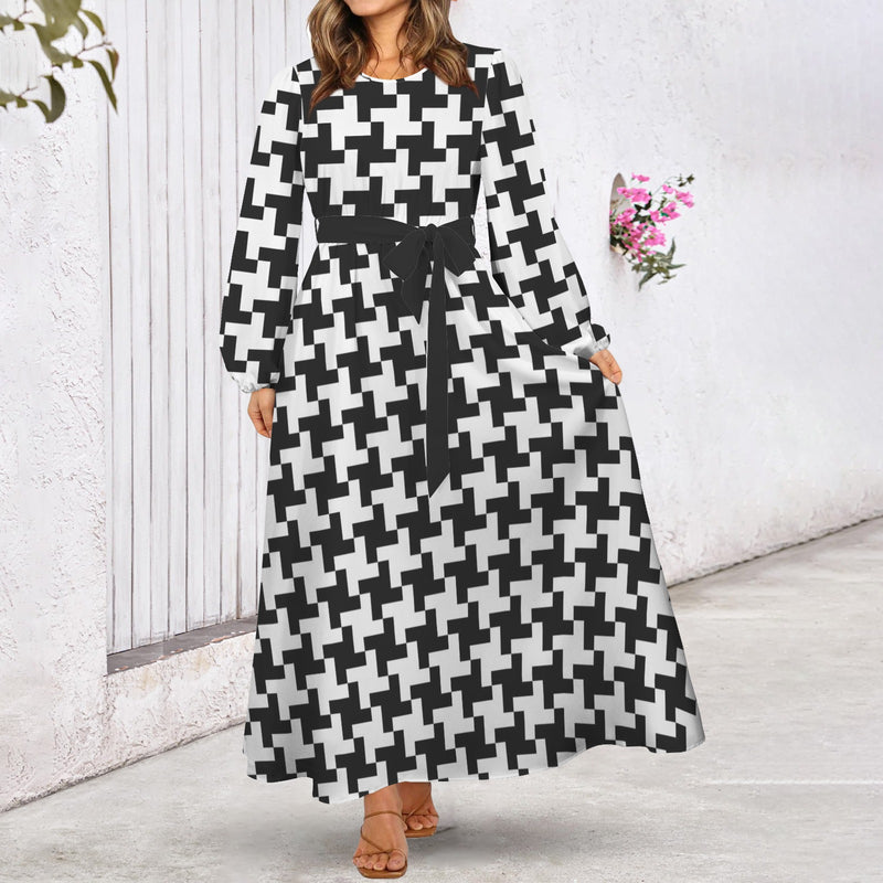 Houndstooth Round Neck Long Sleeve Belted Maxi Dress