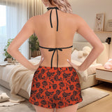 bevel black rose on rust print Women's Flannel Bikini Top & Shorts Pajamas