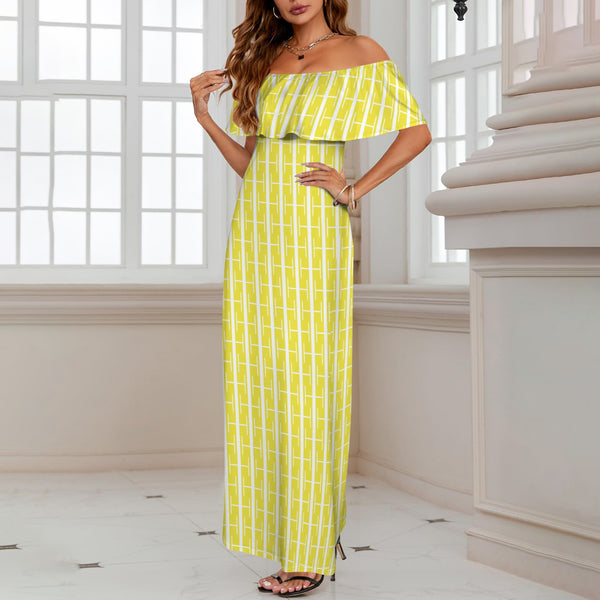 lemon alt print Women's Off Shoulder Ruffle Boat Neck Dress (Model D71)