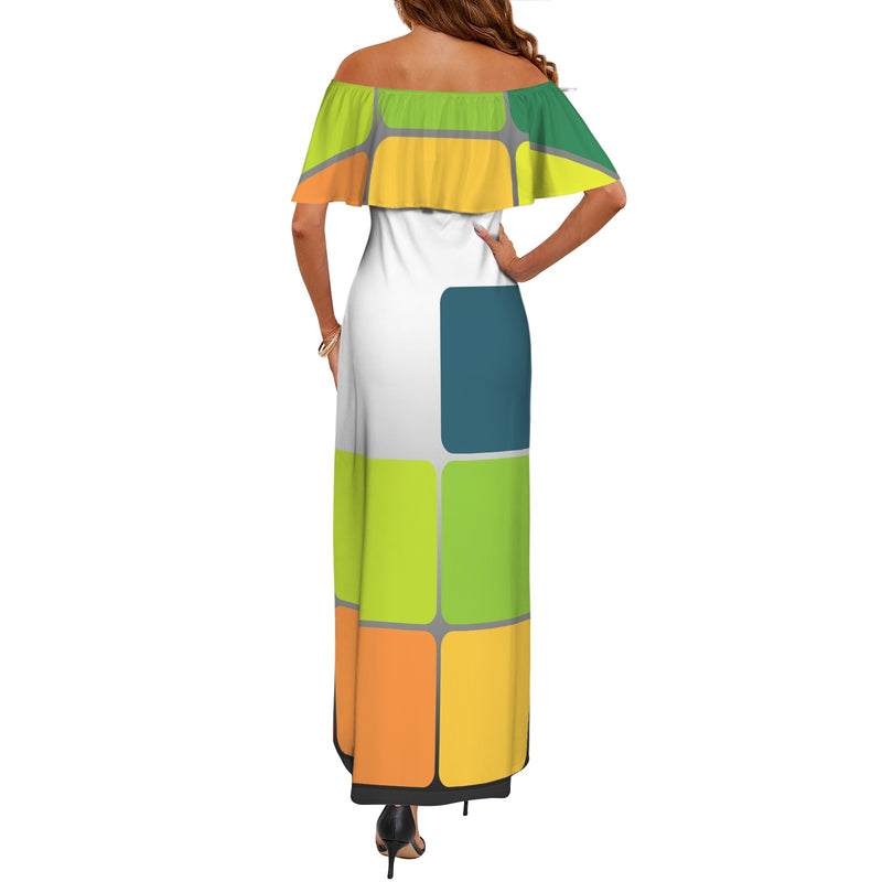 colored print matrix Women's Off Shoulder Ruffle Boat Neck Dress (Model D71)