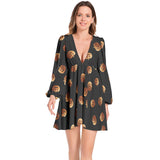 Lantern Sleeve Deep V-Neck Short Dress