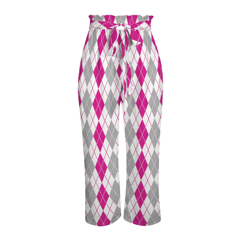 argyle pink print 2A Strappy Elastic Waist Wide Leg Pants with Pockets