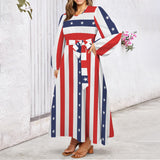 Stars and Stripes Round Neck Long Sleeve Belted Maxi Dress