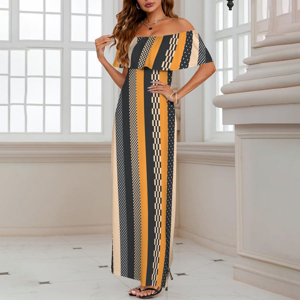 eclectic stripe print Women's Off Shoulder Ruffle Boat Neck Dress (Model D71)