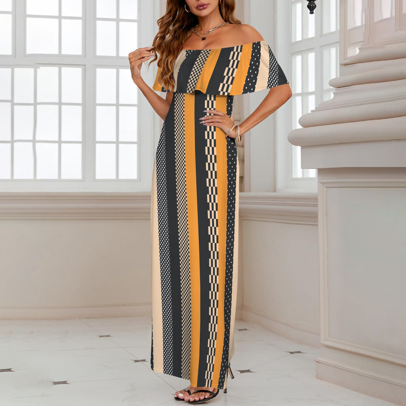 eclectic stripe print Women's Off Shoulder Ruffle Boat Neck Dress (Model D71)