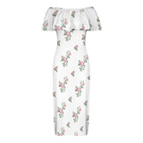pink rose polka dot print 5 Women's Off Shoulder Ruffle Boat Neck Dress (Model D71)