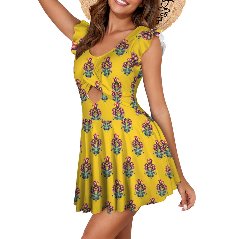 gold floral print 2 Women's Ruffle Sleeve Skirted Swimsuit (Model S59)