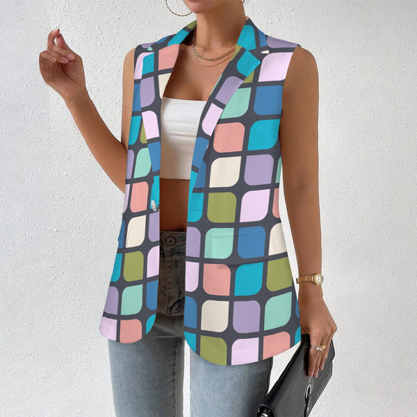 cut corner square print 4 Women's Sleeveless Blazer (Model H71)