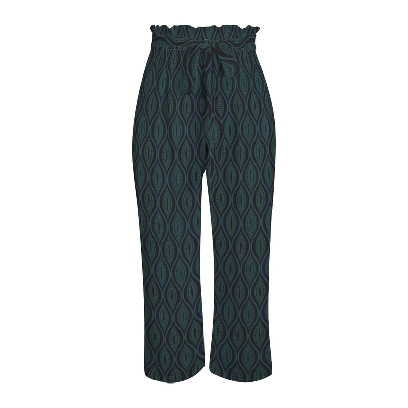 ogee mono green print Strappy Elastic Waist Wide Leg Pants with Pockets