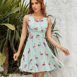Flamingo Flock V-Neck Sleeveless Dress