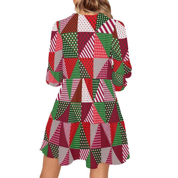 patchwork print xmas 4 V-Neck Loose Fit Dress (Model D62)