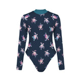 aqua green print 2A Backless Long Sleeve One-Piece Swimsuit (Model S60)