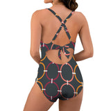 colored rings print 4B Women's Twist Front Tie Back Swimsuit (Model S57)