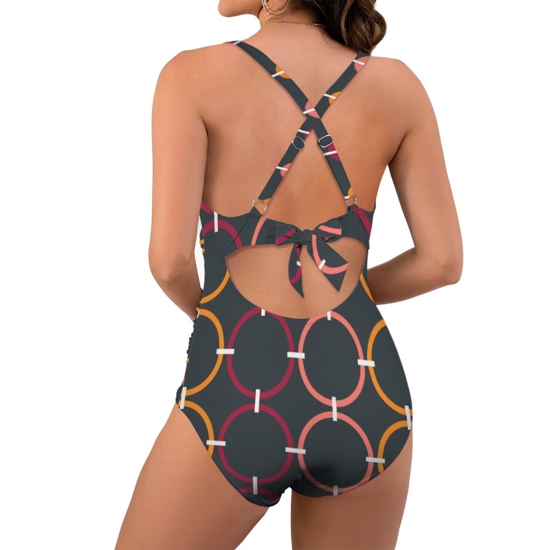 colored rings print 4B Women's Twist Front Tie Back Swimsuit (Model S57)