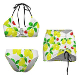 lemon drops 2 print A Drawstring Halterneck Three-Piece Swimsuit Skirt