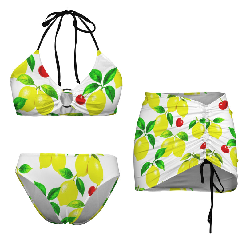lemon drops 2 print A Drawstring Halterneck Three-Piece Swimsuit Skirt