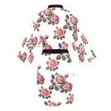 white back pink rose print Long Sleeve Kimono Robe